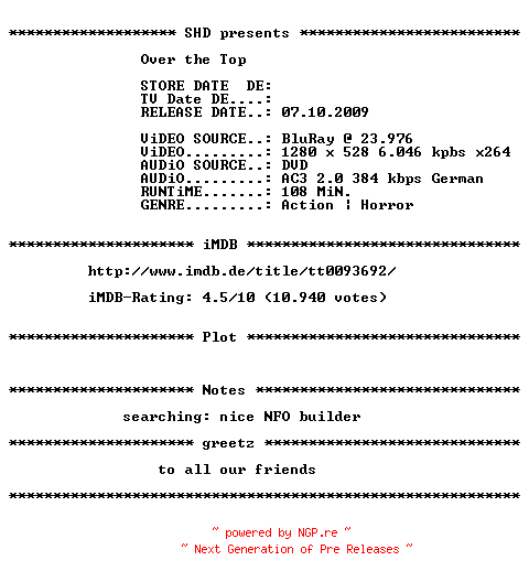 NFO for the release Over.The.Top.1987.German.AC3D.720p.BluRay.x264-SHD by SHD