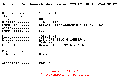 NFO for the release Wang.Yu.-.Der.Karatebomber.German.1973.AC3.BDRip.x264-SPiCY by SPiCY
