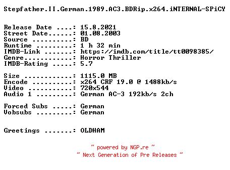 NFO for the release Stepfather.II.German.1989.AC3.BDRip.x264.iNTERNAL-SPiCY by SPiCY