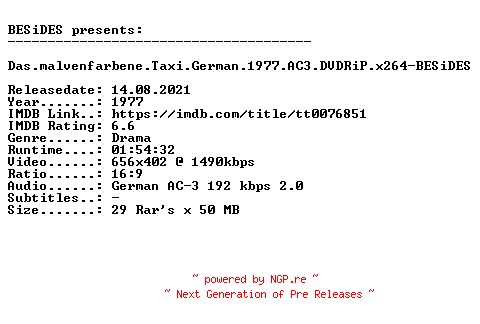 NFO for the release Das.malvenfarbene.Taxi.German.1977.AC3.DVDRiP.x264-BESiDES by BESiDES