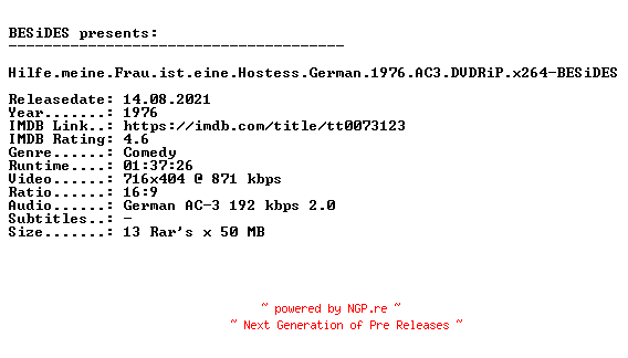 NFO for the release Hilfe.meine.Frau.ist.eine.Hostess.German.1976.AC3.DVDRiP.x264-BESiDES by BESiDES