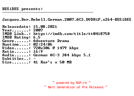 NFO for the release Jacquou.Der.Rebell.German.2007.AC3.DVDRiP.x264-BESiDES by BESiDES