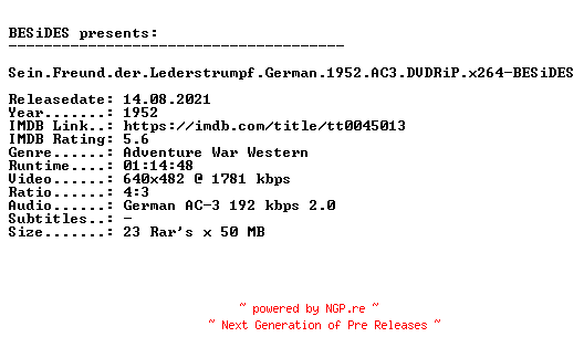 NFO for the release Sein.Freund.der.Lederstrumpf.German.1952.AC3.DVDRiP.x264-BESiDES by BESiDES