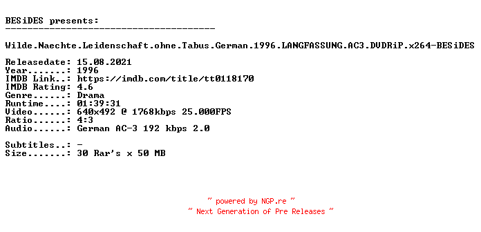 NFO for the release Wilde.Naechte.Leidenschaft.ohne.Tabus.German.1996.LANGFASSUNG.AC3.DVDRiP.x264-BESiDES by BESiDES