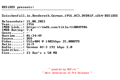 NFO for the release Zwischenfall.in.Benderath.German.1956.AC3.DVDRiP.x264-BESiDES by BESiDES