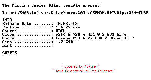 NFO for the release Tatort.E463.Tod.vor.Scharhoern.2001.GERMAN.HDTVRip.x264-TMSF by TMSF