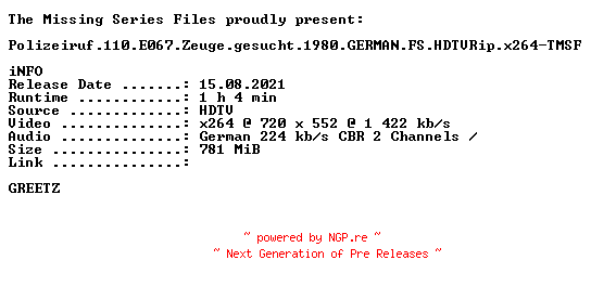 NFO for the release Polizeiruf.110.E067.Zeuge.gesucht.1980.GERMAN.FS.HDTVRip.x264-TMSF by TMSF