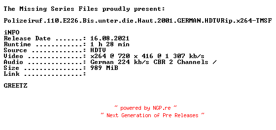 NFO for the release Polizeiruf.110.E226.Bis.unter.die.Haut.2001.GERMAN.HDTVRip.x264-TMSF by TMSF