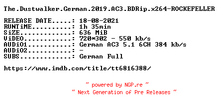NFO for the release The.Dustwalker.German.2019.AC3.BDRip.x264-ROCKEFELLER by ROCKEFELLER