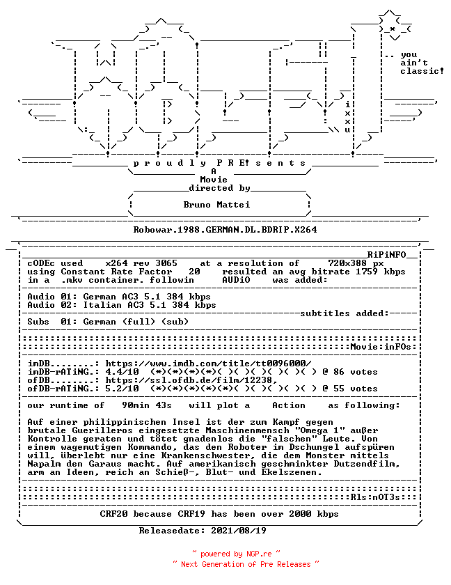 NFO for the release Robowar.1988.GERMAN.DL.BDRIP.X264-WATCHABLE by WATCHABLE
