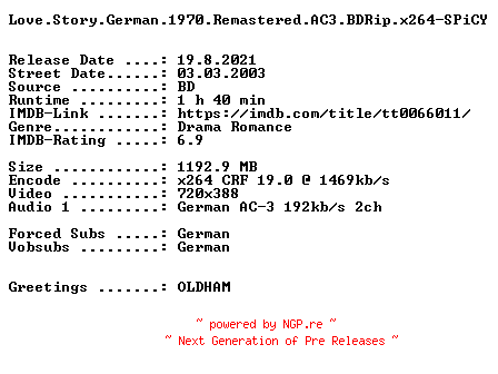 NFO for the release Love.Story.German.1970.Remastered.AC3.BDRip.x264-SPiCY by SPiCY