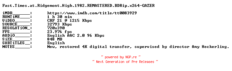 NFO for the release Fast.Times.at.Ridgemont.High.1982.REMASTERED.BDRip.x264-GAZER by GAZER