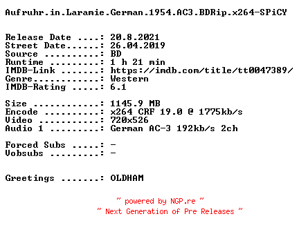 NFO for the release Aufruhr.in.Laramie.German.1954.AC3.BDRip.x264-SPiCY by SPiCY