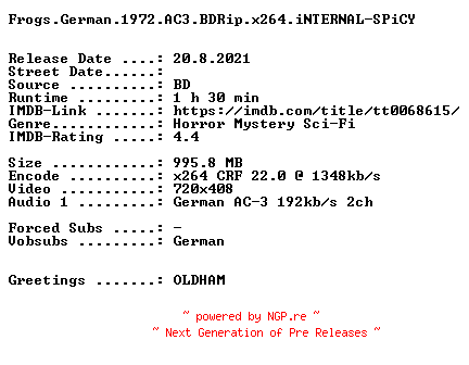 NFO for the release Frogs.German.1972.AC3.BDRip.x264.iNTERNAL-SPiCY by SPiCY