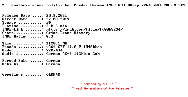 NFO for the release Z.-.Anatomie.eines.politischen.Mordes.German.1969.AC3.BDRip.x264.iNTERNAL-SPiCY by SPiCY
