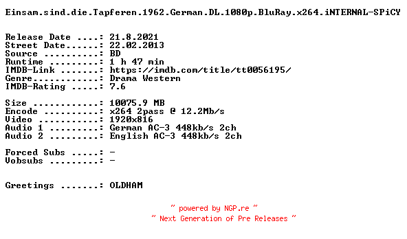 NFO for the release Einsam.sind.die.Tapferen.1962.German.DL.1080p.BluRay.x264.iNTERNAL-SPiCY by SPiCY