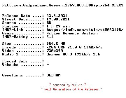 NFO for the release Ritt.zum.Galgenbaum.German.1967.AC3.BDRip.x264-SPiCY by SPiCY