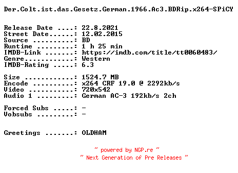 NFO for the release Der.Colt.ist.das.Gesetz.German.1966.AC3.BDRip.x264-SPiCY by SPiCY