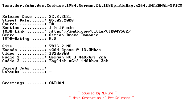 NFO for the release Taza.der.Sohn.des.Cochise.1954.German.DL.1080p.BluRay.x264.iNTERNAL-SPiCY by SPiCY
