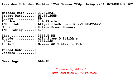 NFO for the release Taza.der.Sohn.des.Cochise.1954.German.720p.BluRay.x264.iNTERNAL-SPiCY by SPiCY