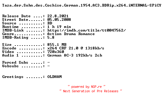 NFO for the release Taza.der.Sohn.des.Cochise.German.1954.AC3.BDRip.x264.iNTERNAL-SPiCY by SPiCY
