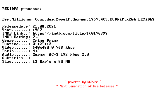 NFO for the release Der.Millionen-Coup.der.Zwoelf.German.1967.AC3.DVDRiP.x264-BESiDES by BESiDES