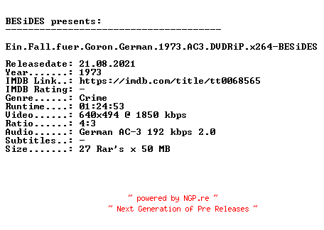NFO for the release Ein.Fall.fuer.Goron.German.1973.AC3.DVDRiP.x264-BESiDES by BESiDES