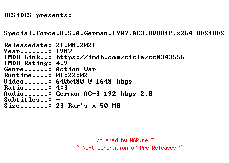 NFO for the release Special.Force.U.S.A.German.1987.AC3.DVDRiP.x264-BESiDES by BESiDES