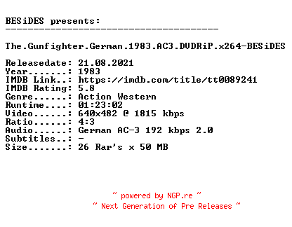 NFO for the release The.Gunfighter.German.1983.AC3.DVDRiP.x264-BESiDES by BESiDES