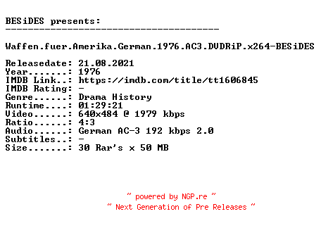 NFO for the release Waffen.fuer.Amerika.German.1976.AC3.DVDRiP.x264-BESiDES by BESiDES