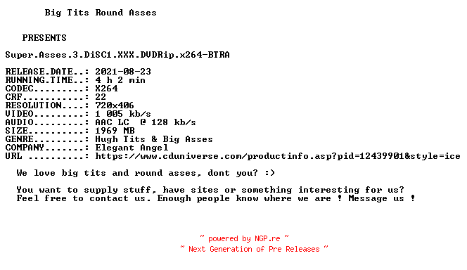 NFO for the release Super.Asses.3.DiSC1.XXX.DVDRip.x264-BTRA by BTRA