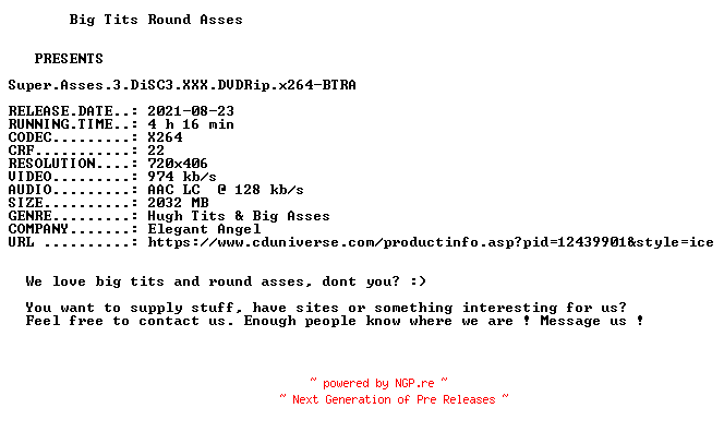 NFO for the release Super.Asses.3.DiSC3.XXX.DVDRip.x264-BTRA by BTRA