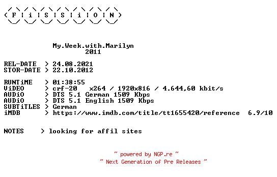 NFO for the release My.Week.with.Marilyn.2011.German.DL.1080p.BluRay.x264.iNTERNAL-FiSSiON by FiSSiON