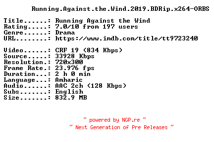 NFO for the release Running.Against.the.Wind.2019.BDRip.x264-ORBS by ORBS