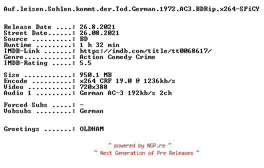 NFO for the release Auf.leisen.Sohlen.kommt.der.Tod.German.1972.AC3.BDRip.x264-SPiCY by SPiCY
