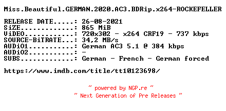 NFO for the release Miss.Beautiful.GERMAN.2020.AC3.BDRip.x264-ROCKEFELLER by ROCKEFELLER