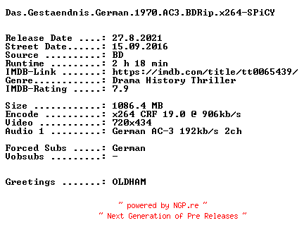 NFO for the release Das.Gestaendnis.German.1970.AC3.BDRip.x264-SPiCY by SPiCY