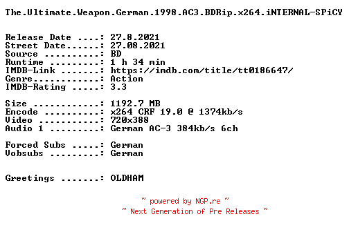 NFO for the release The.Ultimate.Weapon.German.1998.AC3.BDRip.x264.iNTERNAL-SPiCY by SPiCY