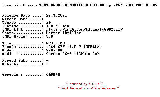 NFO for the release Paranoia.German.1981.UNCUT.REMASTERED.AC3.BDRip.x264.iNTERNAL-SPiCY by SPiCY
