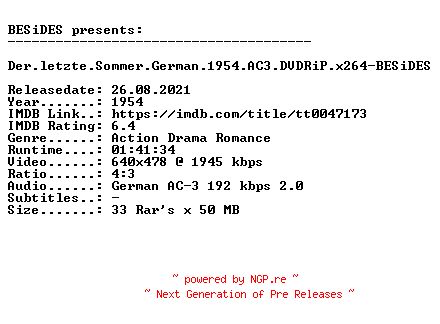 NFO for the release Der.letzte.Sommer.German.1954.AC3.DVDRiP.x264-BESiDES by BESiDES