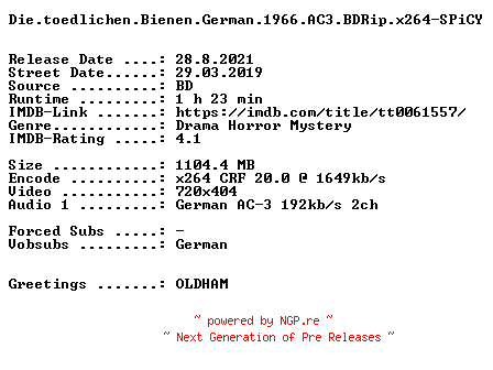 NFO for the release Die.toedlichen.Bienen.German.1966.AC3.BDRip.x264-SPiCY by SPiCY