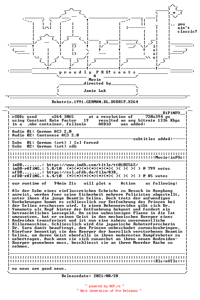 NFO for the release Robotrix.1991.GERMAN.DL.DVDRIP.X264-WATCHABLE by WATCHABLE