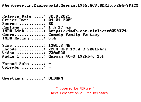 NFO for the release Abenteuer.im.Zauberwald.German.1965.AC3.BDRip.x264-SPiCY by SPiCY