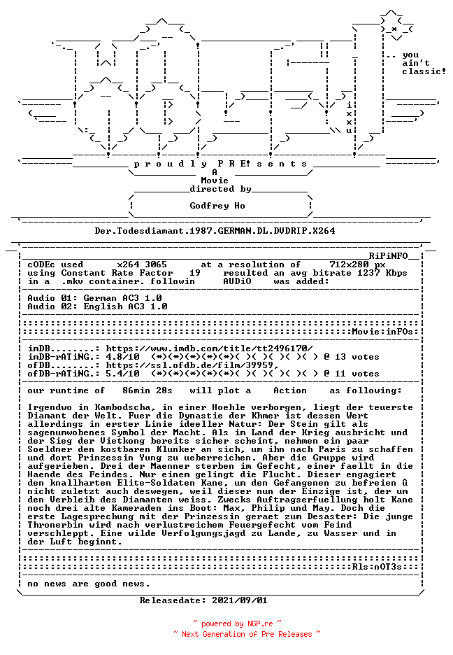 NFO for the release Der.Todesdiamant.1987.GERMAN.DL.DVDRIP.X264-WATCHABLE by WATCHABLE