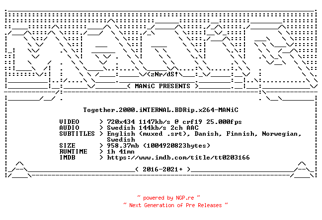 NFO for the release Together.2000.iNTERNAL.BDRip.x264-MANiC by MANiC