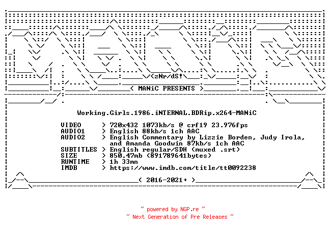 NFO for the release Working.Girls.1986.iNTERNAL.BDRip.x264-MANiC by MANiC