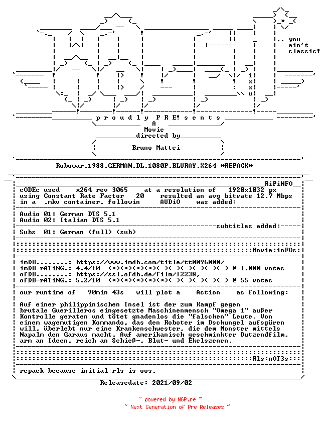 NFO for the release Robowar.1988.GERMAN.DL.1080P.BLURAY.X264.REPACK-WATCHABLE by WATCHABLE