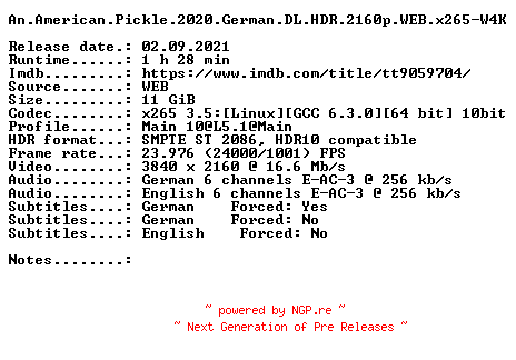NFO for the release An.American.Pickle.2020.German.DL.HDR.2160p.WEB.x265-W4K by W4K