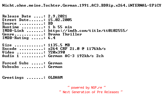 NFO for the release Nicht.ohne.meine.Tochter.German.1991.AC3.BDRip.x264.iNTERNAL-SPiCY by SPiCY