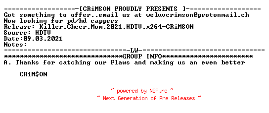 NFO for the release Killer.Cheer.Mom.2021.HDTV.x264-CRiMSON by CRiMSON